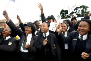 Primary school pupils from Durban react after Durban was as officially named as host of the 2022 Commonwealth Games, on September 2, 2015 in Durban (AFP Photo/Rajesh Jantilal)