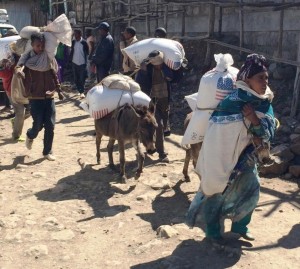 In this photo of Monday Dec. 14, 2015 families begin their journey home from the Estayesh Food Distribution Site in Denkena Kebele, Meket Woreda, Ethiopia. The United States government has announced $88 million to help feed hungry people in drought affected areas of Ethiopia, bringing the total number of humanitarian aid provided to the country in 2015 to more than $435 million. The announcement came as the Ethiopian government is appealing for $1.4 billion from the international community and donors to help feed more than 10 million people. (AP Photo/David R. Kahrmann) . --