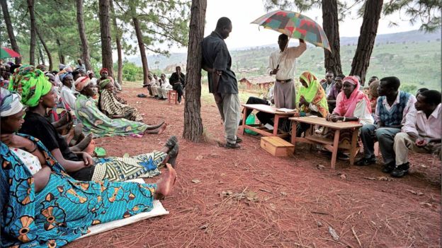 A "gacaca" court in Rwanda. Gacaca means to sit down and discuss an issue