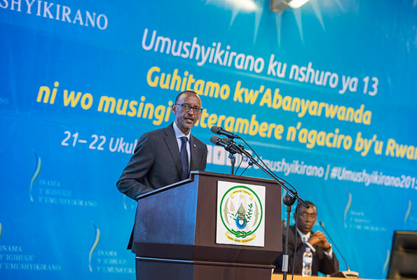 Rwandan President Paul Kagame delivers his state of nation address during the 13th national dialogue council (Umishyikirano) held at the Rwanda Convention Centre in Kigali on Monday December 21, 2015. Courtesy Photo