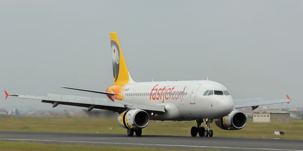 First flight: fastjet’s maiden flight from Dar es Salaam to Nairobi touches down at Jomo Kenyatta International Airport on 11 January 2016.