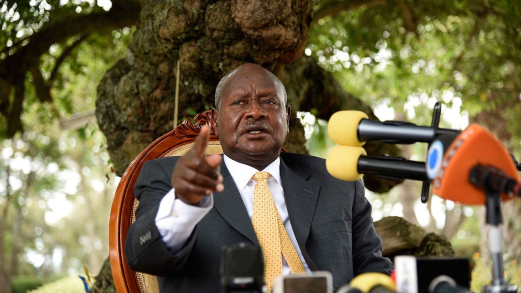 President Yoweri Museveni gestures as he speaks during a press conference at his country house in Rwakitura, about 275 kilometres west of the capital Kampala, on Feb. 21, 2016. Photographer: ISAAC KASAMANI/AFP/Getty Images