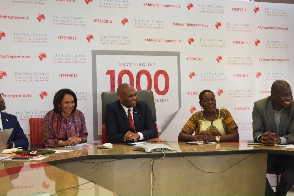 TEF Founder Tony Elumelu flanked by Foundation CEO Parmindar Vir and Selection Committee member Angelle Kwemo