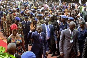 Benin’s newly elected President Patrice Talon arrives with his wife, Claudine Gbenagnon, at his swearing-in ceremony in Cotonou, Benin. (Charles Placide Tossou/Reuters)