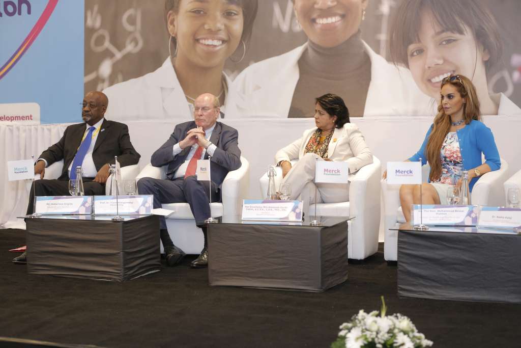 Mr. Getachew Engida, Deputy Director General of UNESCO; Prof. Frank Stangenberg-Haverkamp, Chairman of the Executive Board of E. Merck KG; President of the Republic of Mauritius, Her Excellency Mrs Ameenah Grurib-Fakim (centre) and Dr. Rasha Kelej, CEO of Merck Foundation follow proceedings at the inauguration of the UNESCO Merck Africa Research Summit on November 28, 2017