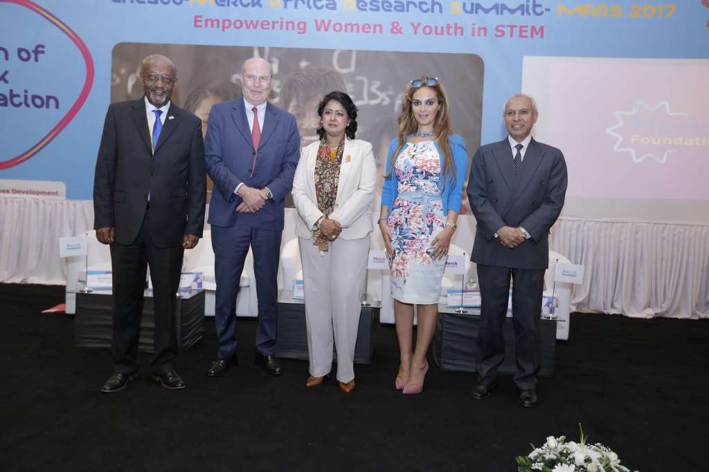 Prof. Frank Stangenberg-Haverkamp, Chairman of the Executive Board of E. Merck KG, and Dr. Rasha Kelej, CEO of Merck Foundation pose for a group photo with President of the Republic of Mauritius, Her Excellency Mrs. Ameenah Grurib-Fakim (centre) at the inauguration of the UNESCO Merck Africa Research Summit on November 28, 2017. Also with them are Mr. Getachew Engida, Deputy Director General of UNESCO (extreme left) and Dr. the Hon. Mohammad Anwar Husnoo, Minister of Health and Quality of Life, Republic, Mauritius (extreme right)