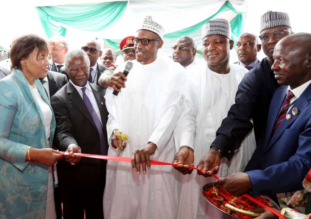 Pix 1, L – R , Secretary General of the Commonwealth, Mrs. Patricia Scotland, Former President of South Africa, Mr. Thabo Mbeki, President Muhammadu Buhari, Speaker, House of Representatives, Rt. Hon. Yakubu Dogara, Secretary to the Government of the Federation, Mr. Boss Mustapha and Acting Chairman, EFCC, Mr. Ibrahim Magu during the Official commissioning ceremony of EFCC Headquarters Office in Abuja on Tuesday 15th May, 2018.