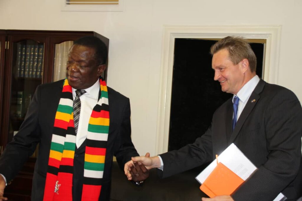 President Mnangagwa with European Union Ambassador to Zimbabwe Mr Timo Olkkonen 