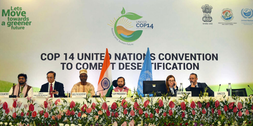 The Union Minister for Environment, Forest & Climate Change and Information & Broadcasting, Shri Prakash Javadekar and the Executive Secretary, UNCCD, Mr. Ibrahim Thiaw at the 14th Conference of Parties COP 14 United Nations Convention to Combat Desertification, at India Expo Centre & Mart, Greater Noida on September 02, 2019. The Minister of State for Environment, Forest and Climate Change, Shri Babul Supriyo and other dignitaries are also seen.
