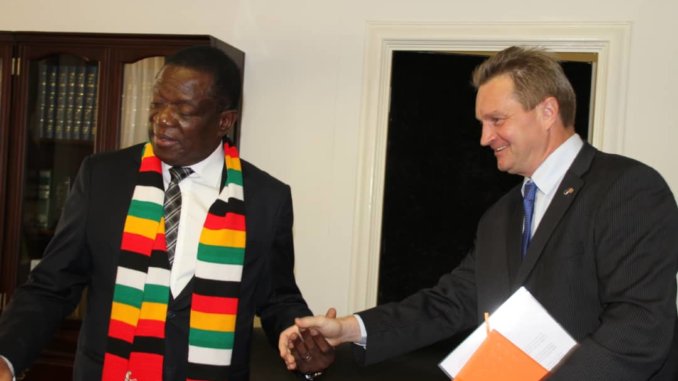 European Union Ambassador to Zimbabwe Mr Timo Olkkonen with President Mnangagwa