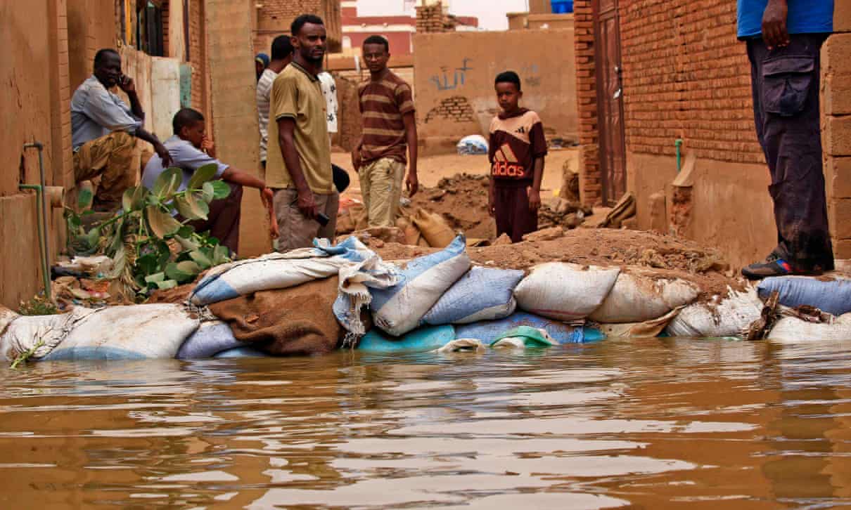 A barricade against flood waters in Tuti island, where the Blue and White Nile merge in the Sudanese capital, Khartoum. Photograph: Ashraf Shazly/AFP/Getty Images