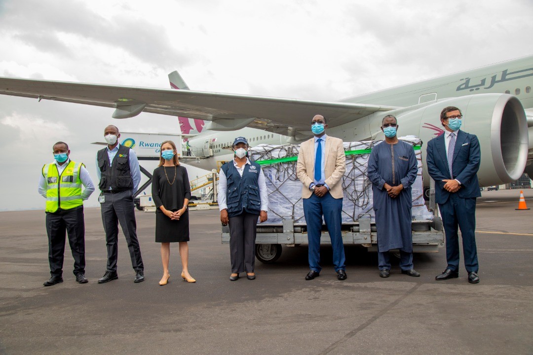 Minister of Health Dr Ngamije Daniel (third from right) receiving first Covid-vaccine from Covax initiative